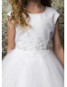 Pearl Neck White Satin Glitter Tulle Flower Girl Dress